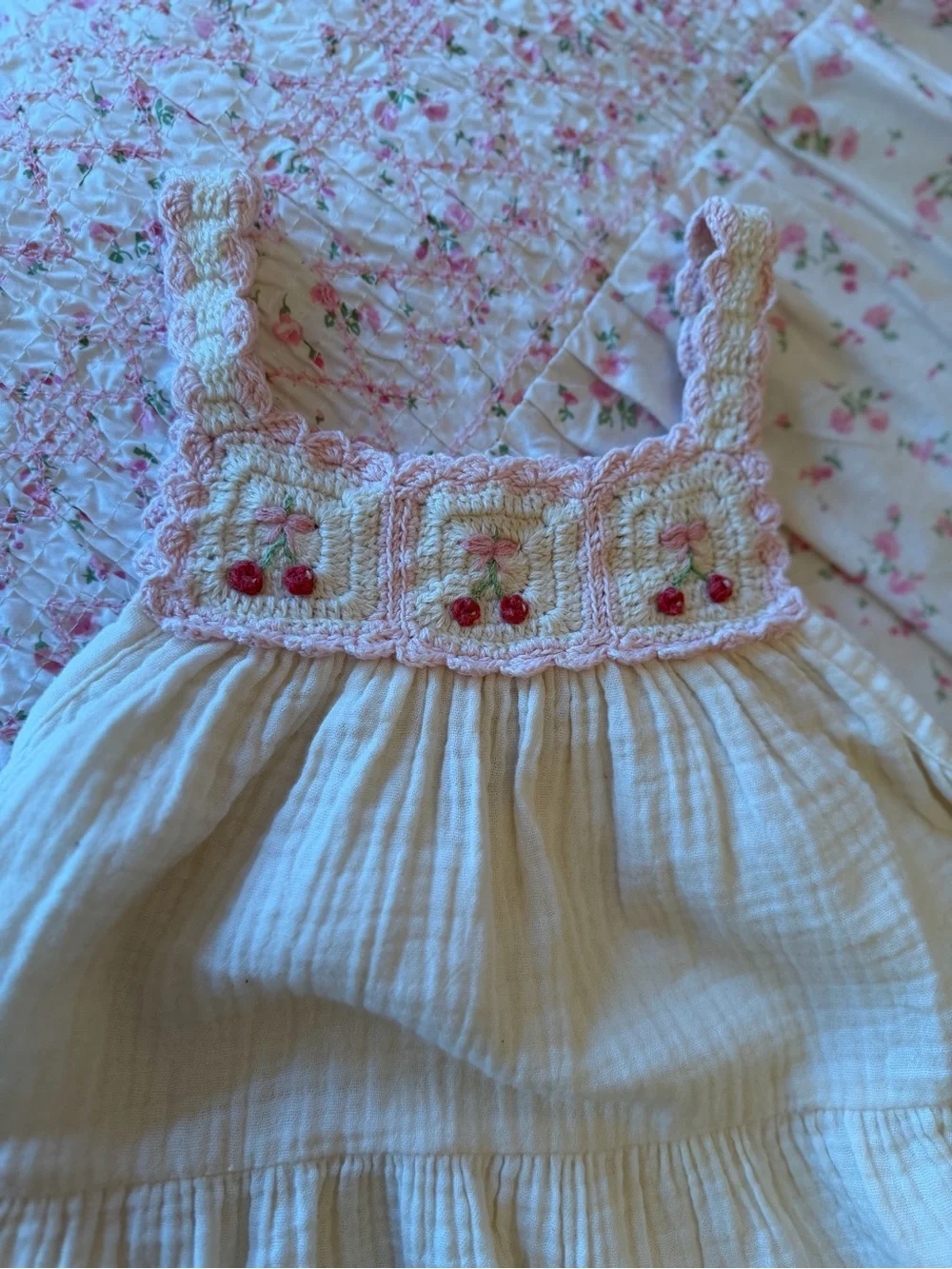 WILD WAWA Crochet Ivory Cherry Girls Dress 5-6Y